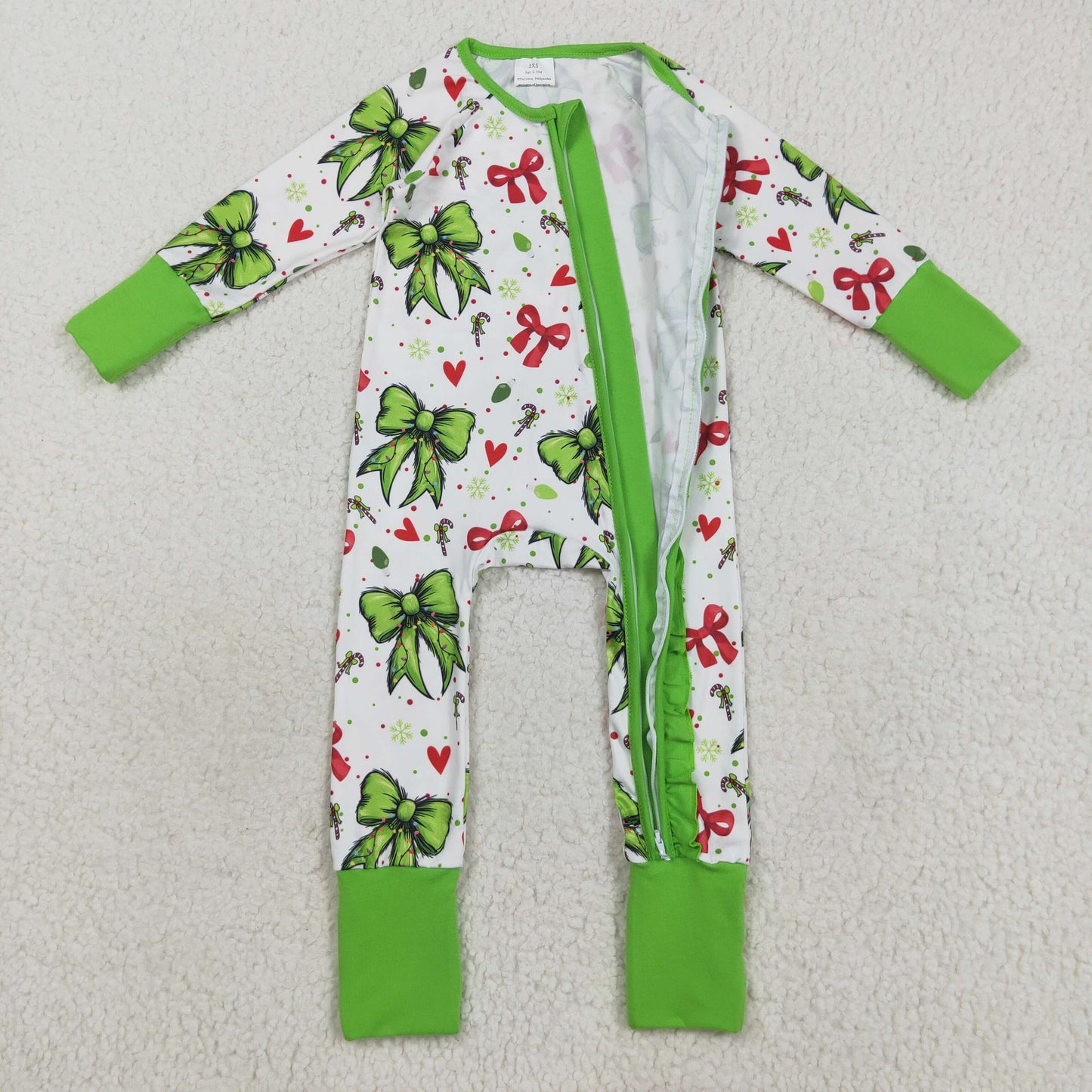 Custom moq 20 bamboo Christmas green red bows zipper long sleeve girls romper