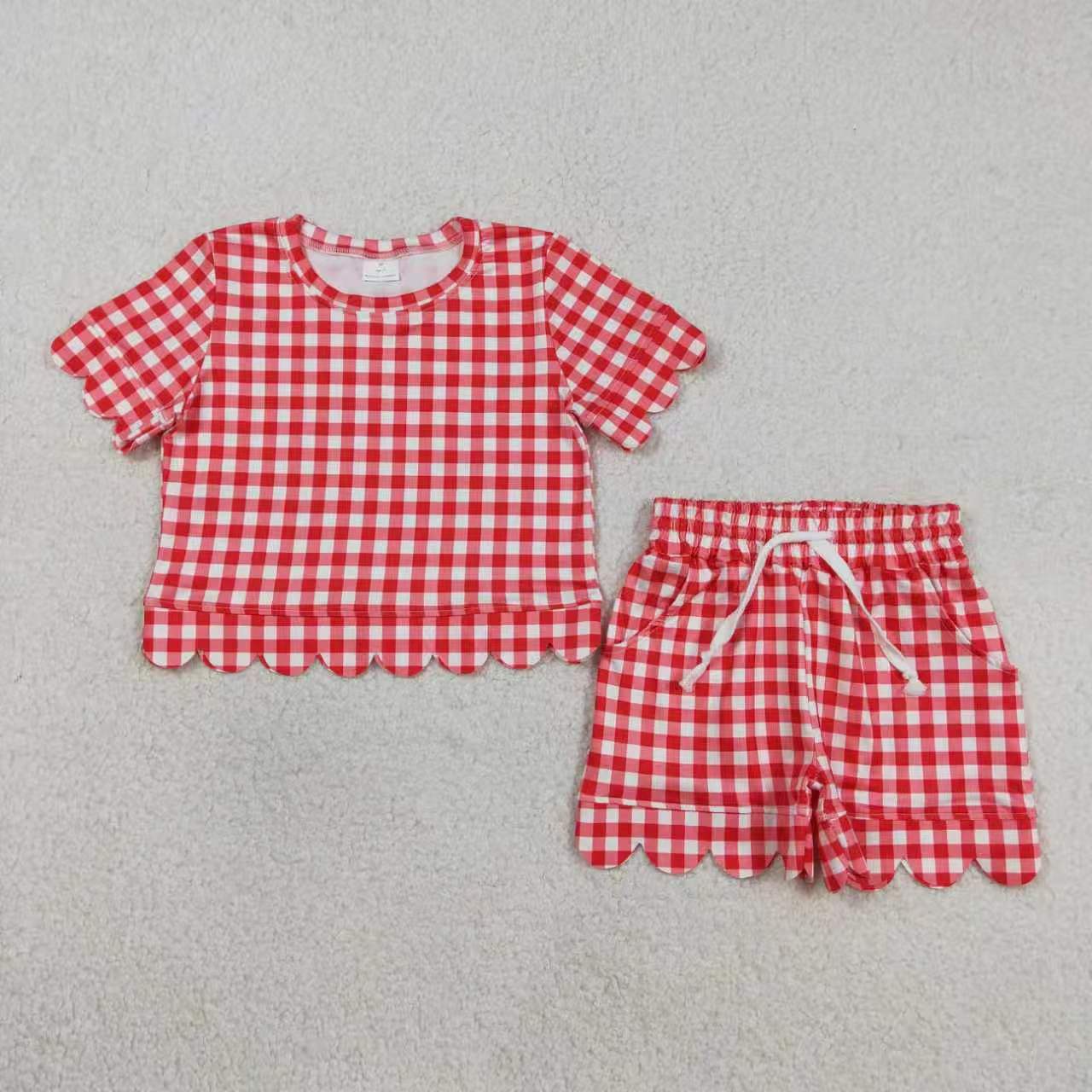 Checkered Scallop Short Sleeve Shorts Girls Set RTS Sibling Clothes