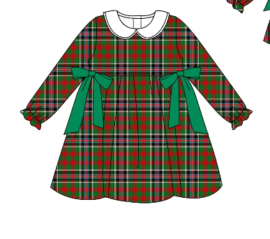 custom moq 3 Christmas green red checkered long sleeve bows girls dress