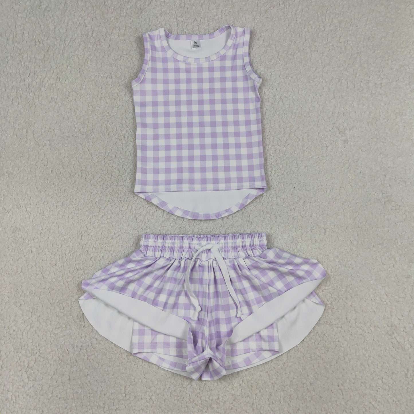 GSSO3477  Yoga Purple Checkered Sleeveless Shorts Girls Set