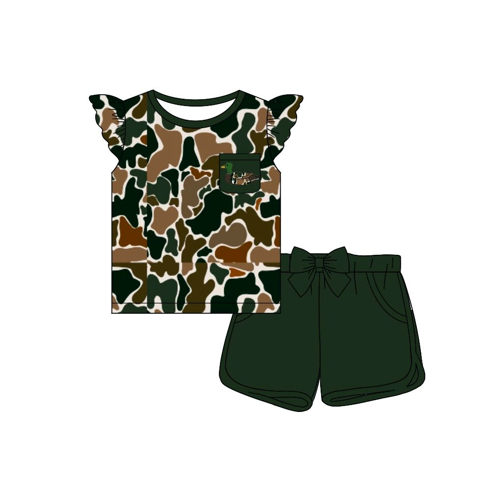 preorder GSSO1509 duck camo hunting camo mallard pocket flutter sleeve dark green shorts girls set
