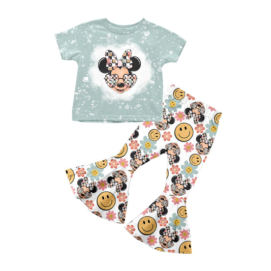 custom Moq 3 Cartoon Smile Blue Short Sleeve Flowers Checkered Pants Girls Set