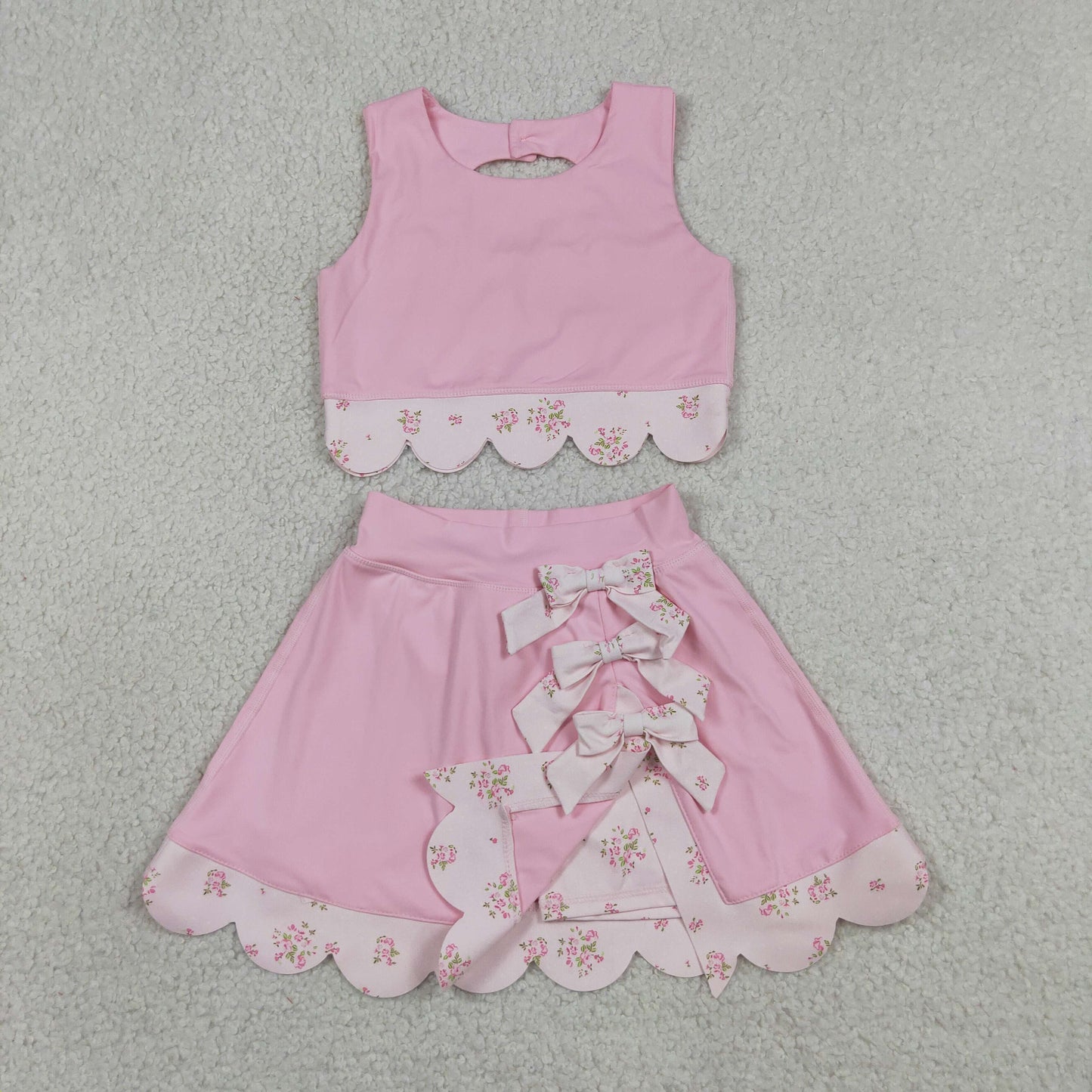 GSD3321 Yoga Scallop Solid Color Pink Sleeveless Bows Skorts Girls Set