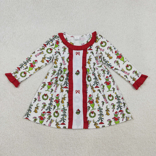 embroidery GLD1289 Christmas green face bows long sleeve girls dress