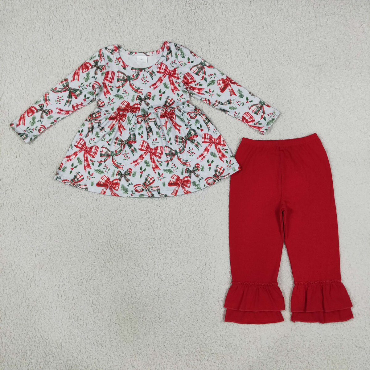 GLP3541 Christmas Green Red Bows Long Sleeve Pants Girls Set