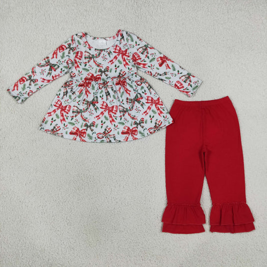GLP3541 Christmas Green Red Bows Long Sleeve Pants Girls Set