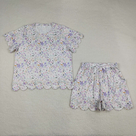GSSO3420 Purple Flowers Short Sleeve Shorts Adult Women Set