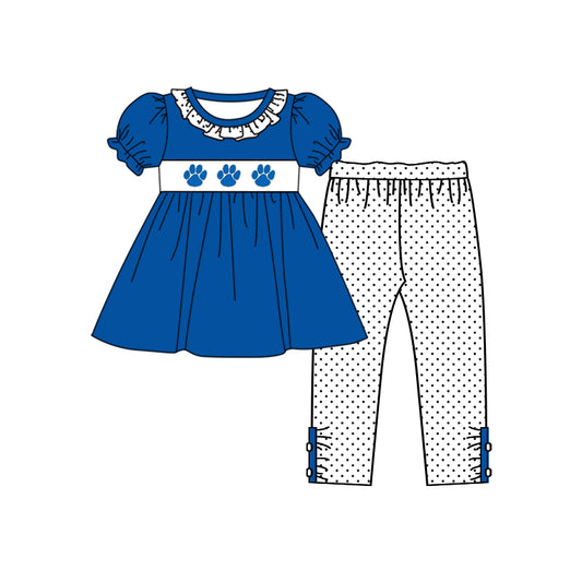 custom style football team UK dog's pow blue short sleeve dot pants girls set