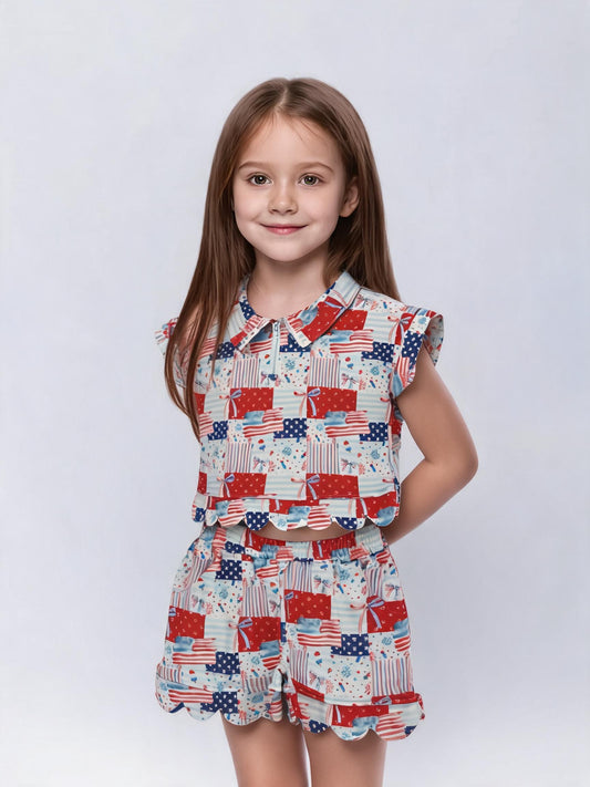 GSSO3599 July 4th Flag Bows Scallop Zipper Short Sleeve Shorts Girls Set
