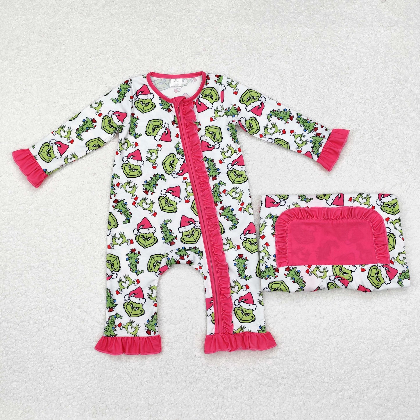 LR1337 bamboo Christmas green face hot pink long sleeve zipper girls romper