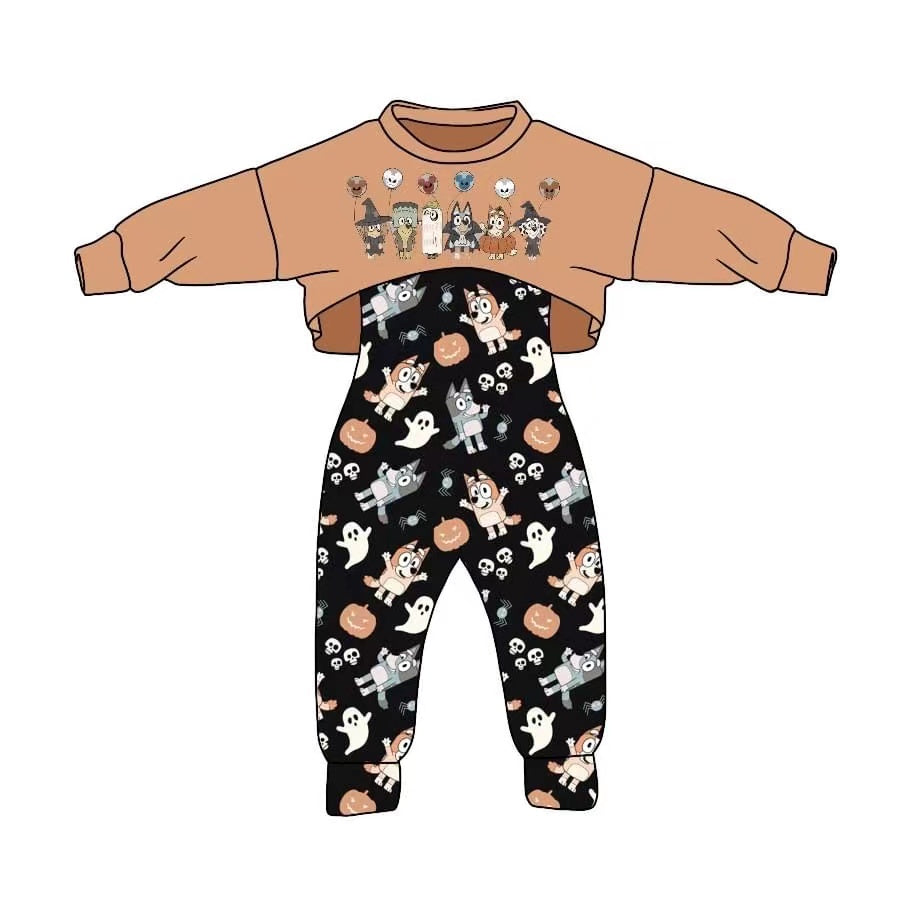 custom Halloween cartoon dog orange long sleeve jumpsuits girls set