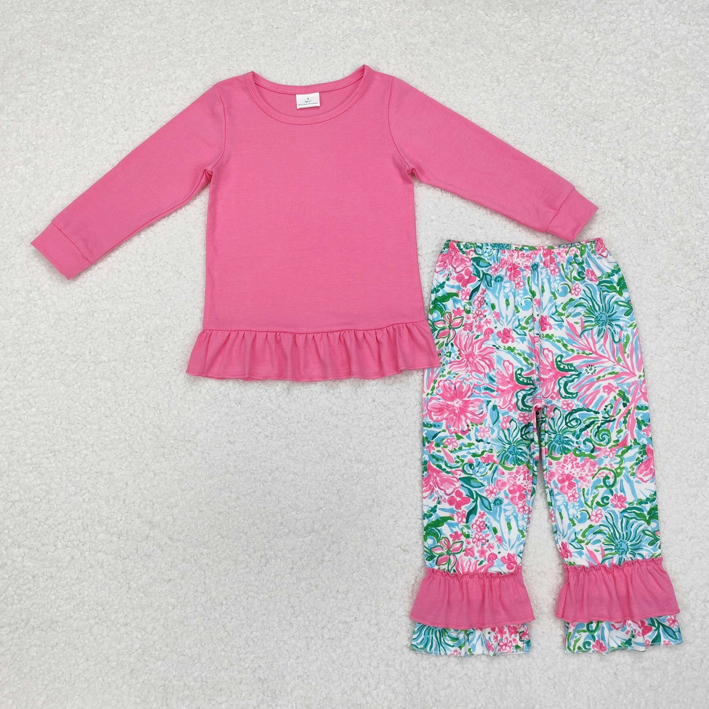 GLP1461 hot pink long sleeve colorful flowers ruffles pants girls set