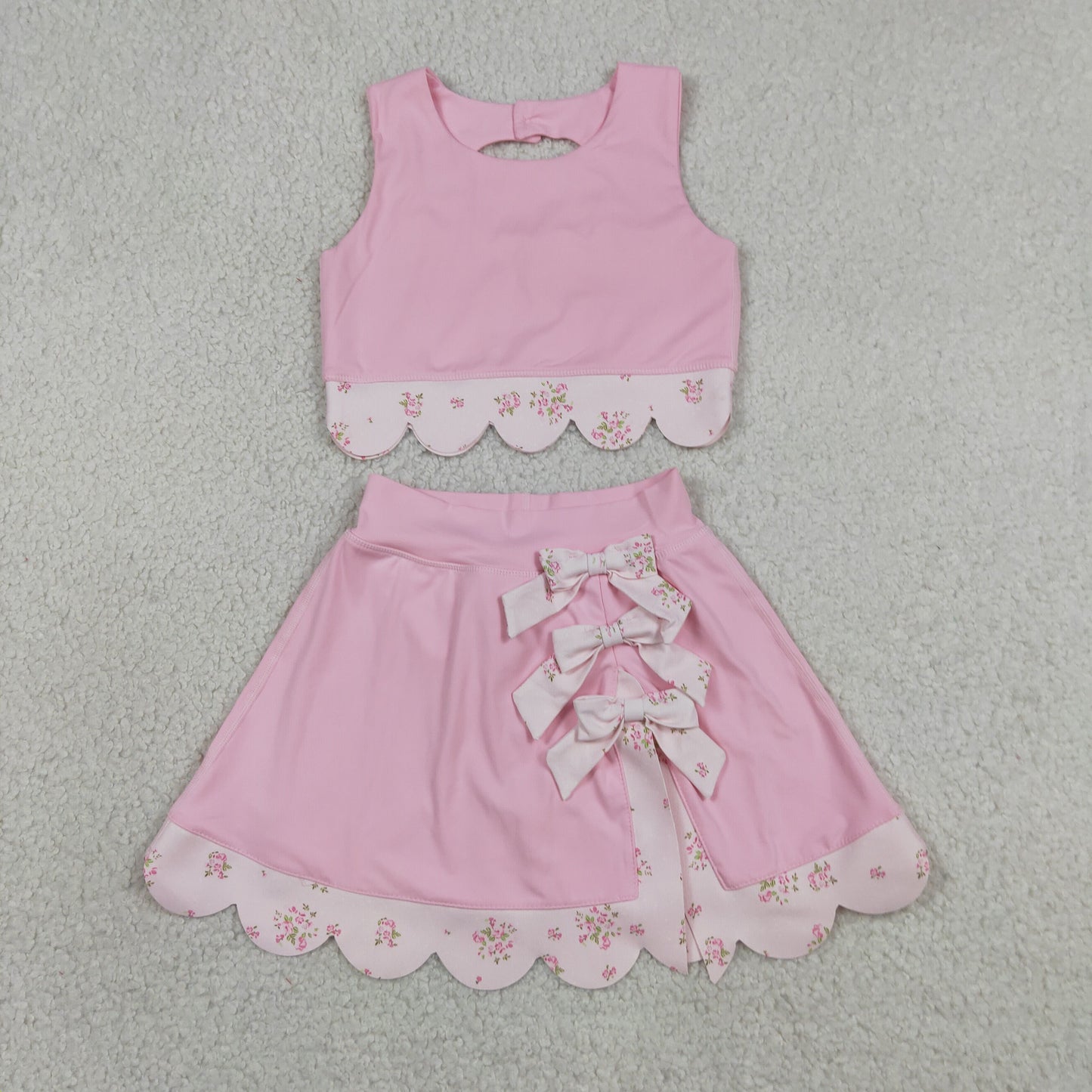 GSD3321 Yoga Scallop Solid Color Pink Sleeveless Bows Skorts Girls Set