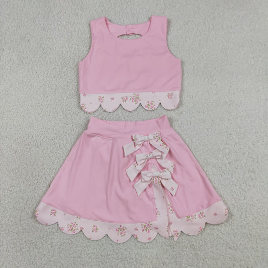 GSD3321 Yoga Scallop Solid Color Pink Sleeveless Bows Skorts Girls Set