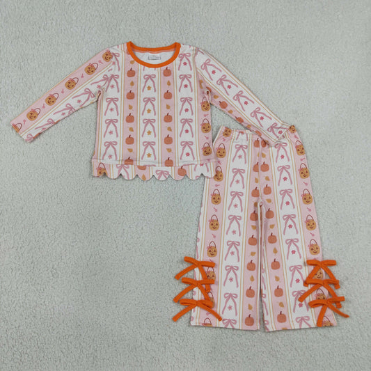 GLP3436 Halloween Pumpkin Bows Pink Long Sleeve Pants Girls Set