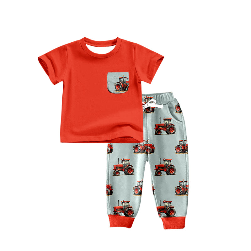 preorder BSPO0180 Farm red tractor pocket short sleeve grey pants boys set