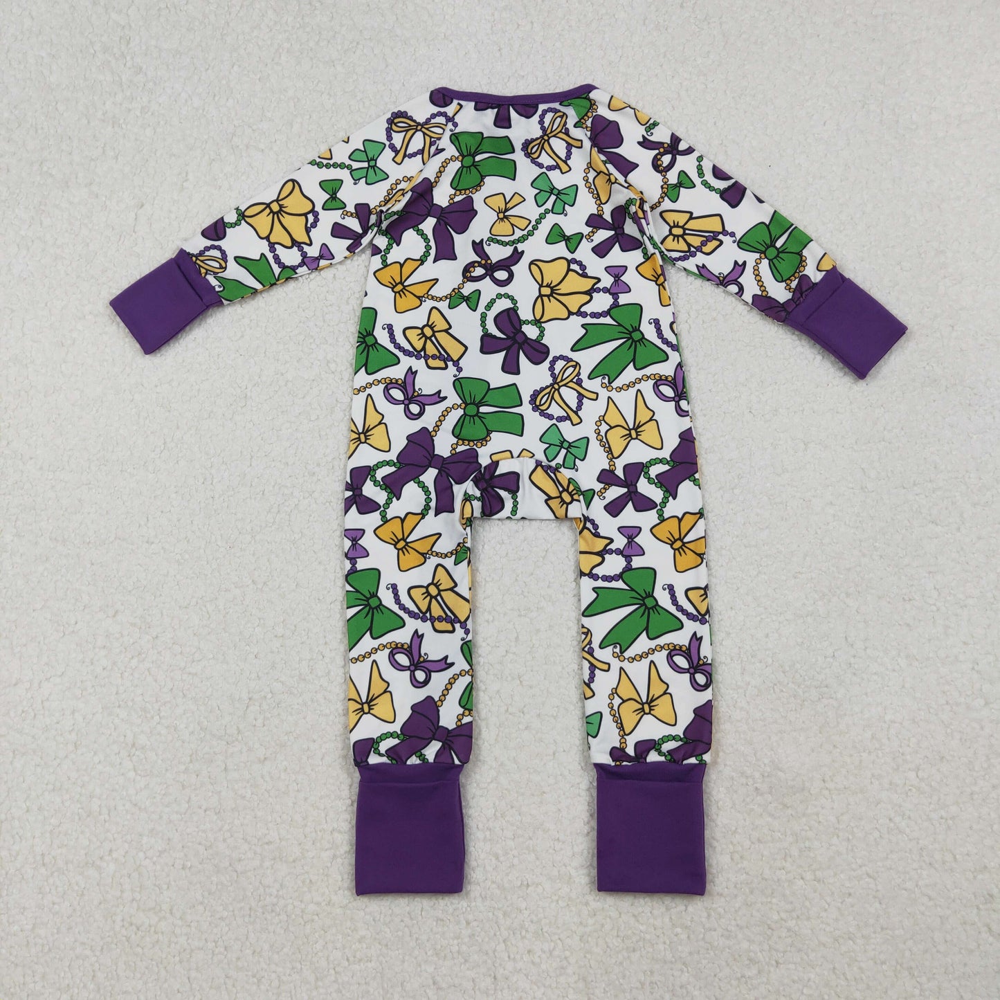 LR2678 Mardi Gras yellow green purple bows zipper long sleeve girls romper