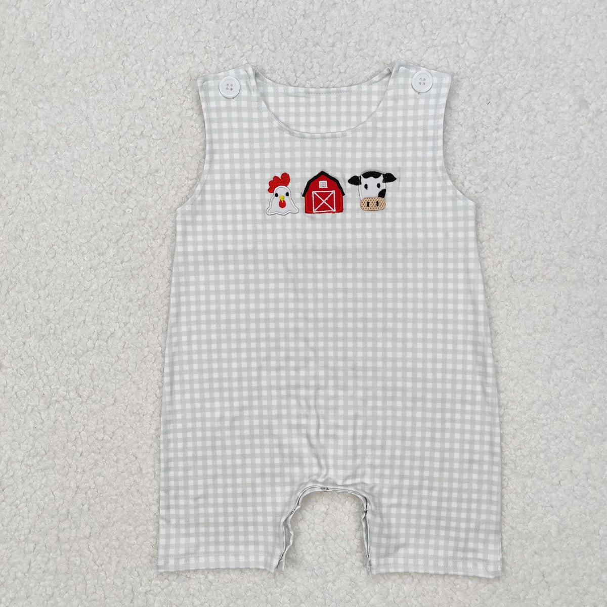embroidery SR2183 Farm chick cow house checkered sleeveless boys romper