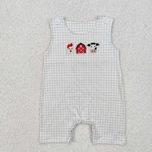 embroidery SR2183 Farm chick cow house checkered sleeveless boys romper