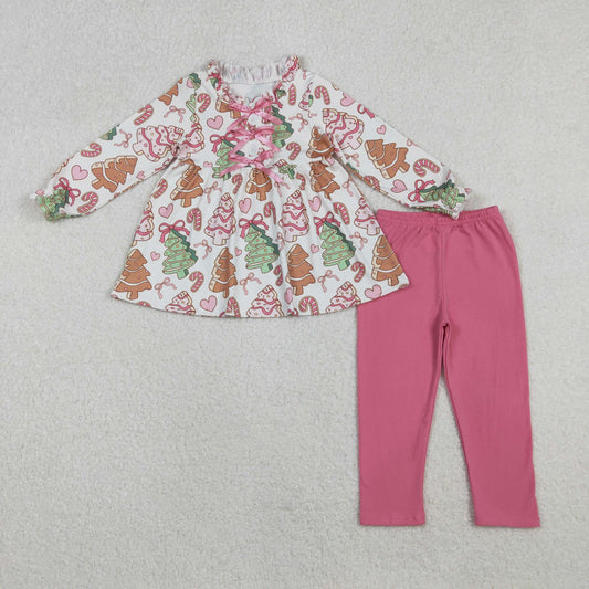 GLP2629 Christmas cane candy tree cake long sleeve pink pants girls set