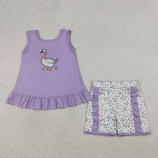 Embroidery GSSO2774 cute goose bows purple sleeveless floral shorts girls set