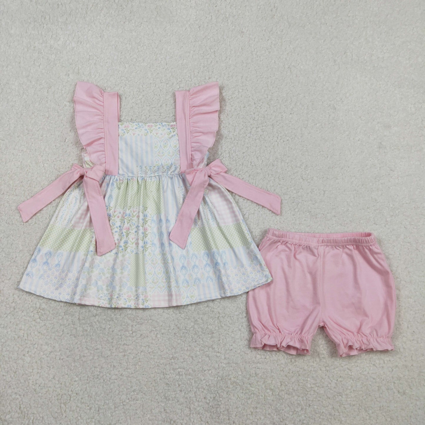 GSSO2951 Flowers Pink Bows Flutter Sleeve Pink Shorts Girls Set