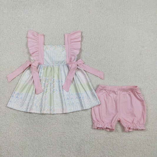 GSSO2951 Flowers Pink Bows Flutter Sleeve Pink Shorts Girls Set