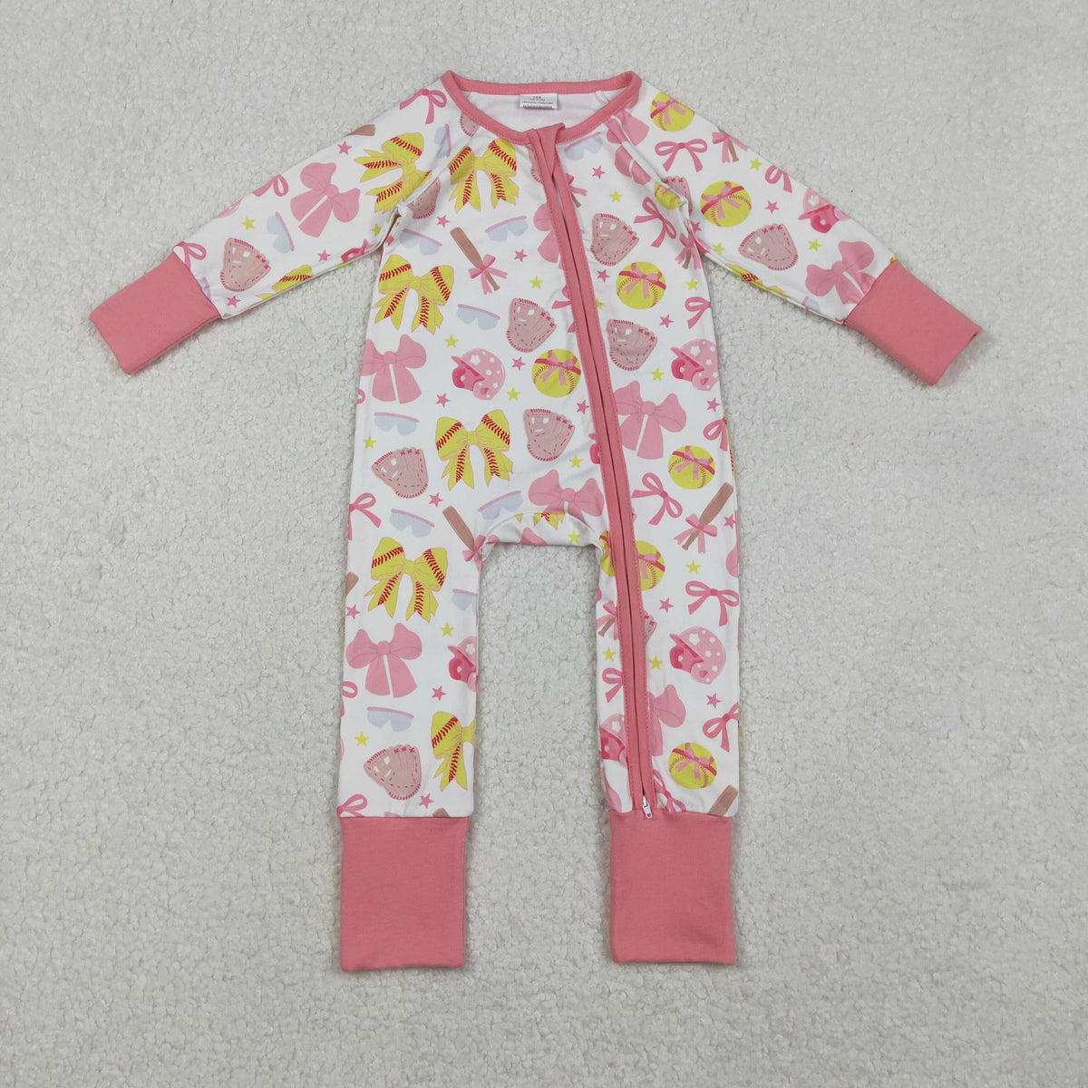 LR2705 softball bows pink bows zipper long sleeve girls romper