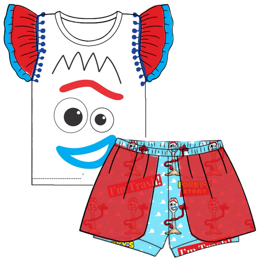 custom style cartoon cute eye flutter sleeve red blue shorts girls set tat 6-8 weeks