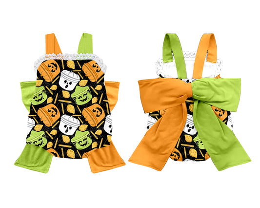 custom style Halloween green orange pumpkin with bow romper