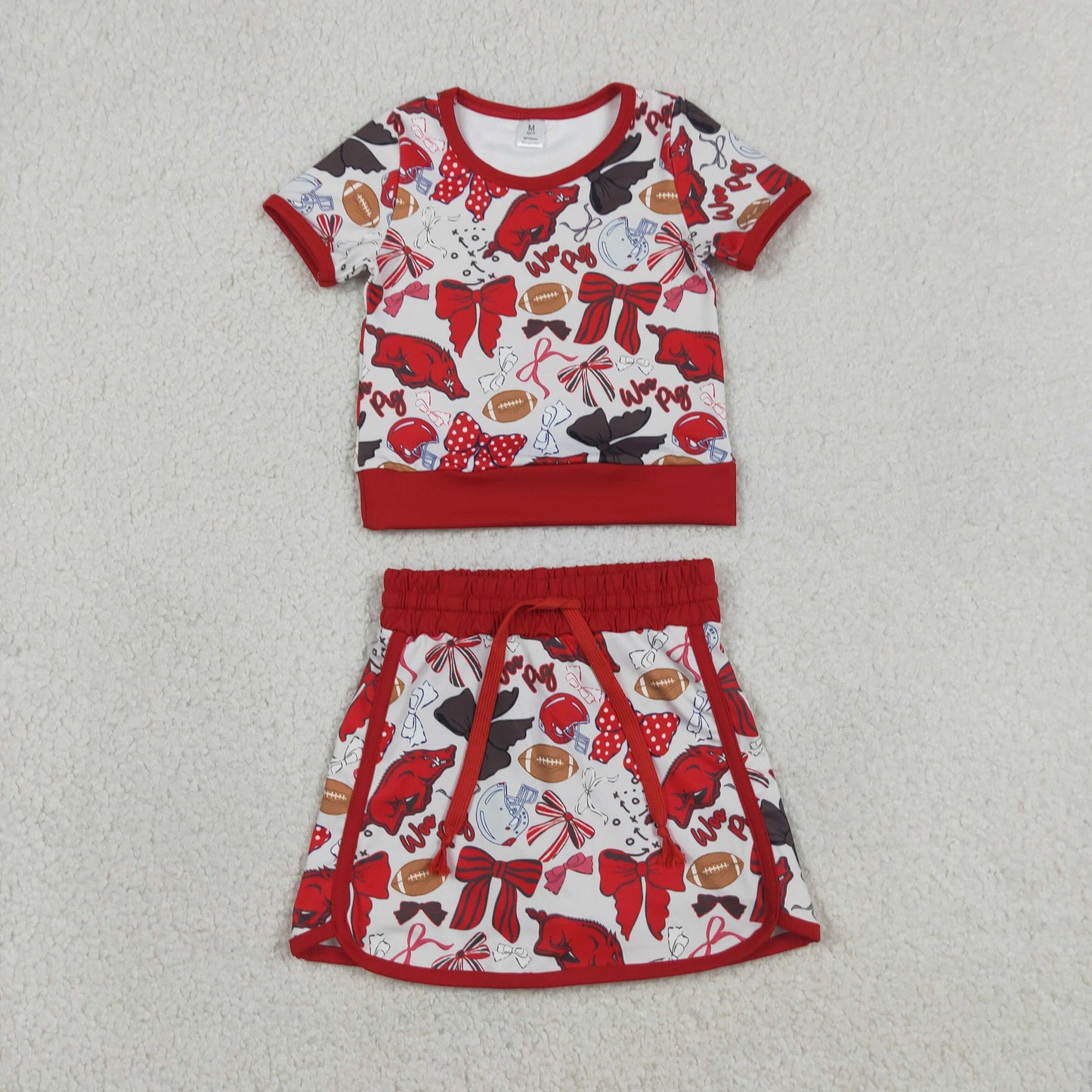 GSD3696 Yoga Football Item Bows Red Sleeveless Skorts Girls Set