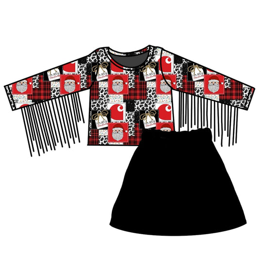 custom Christmas Santa tassels long sleeve black skirt girls set