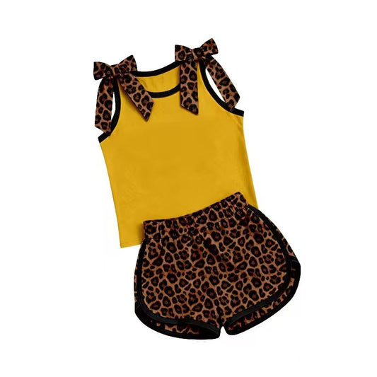 Custom Moq 3 Bows Yellow Sleeveless Leoaprd Shorts Girls Set
