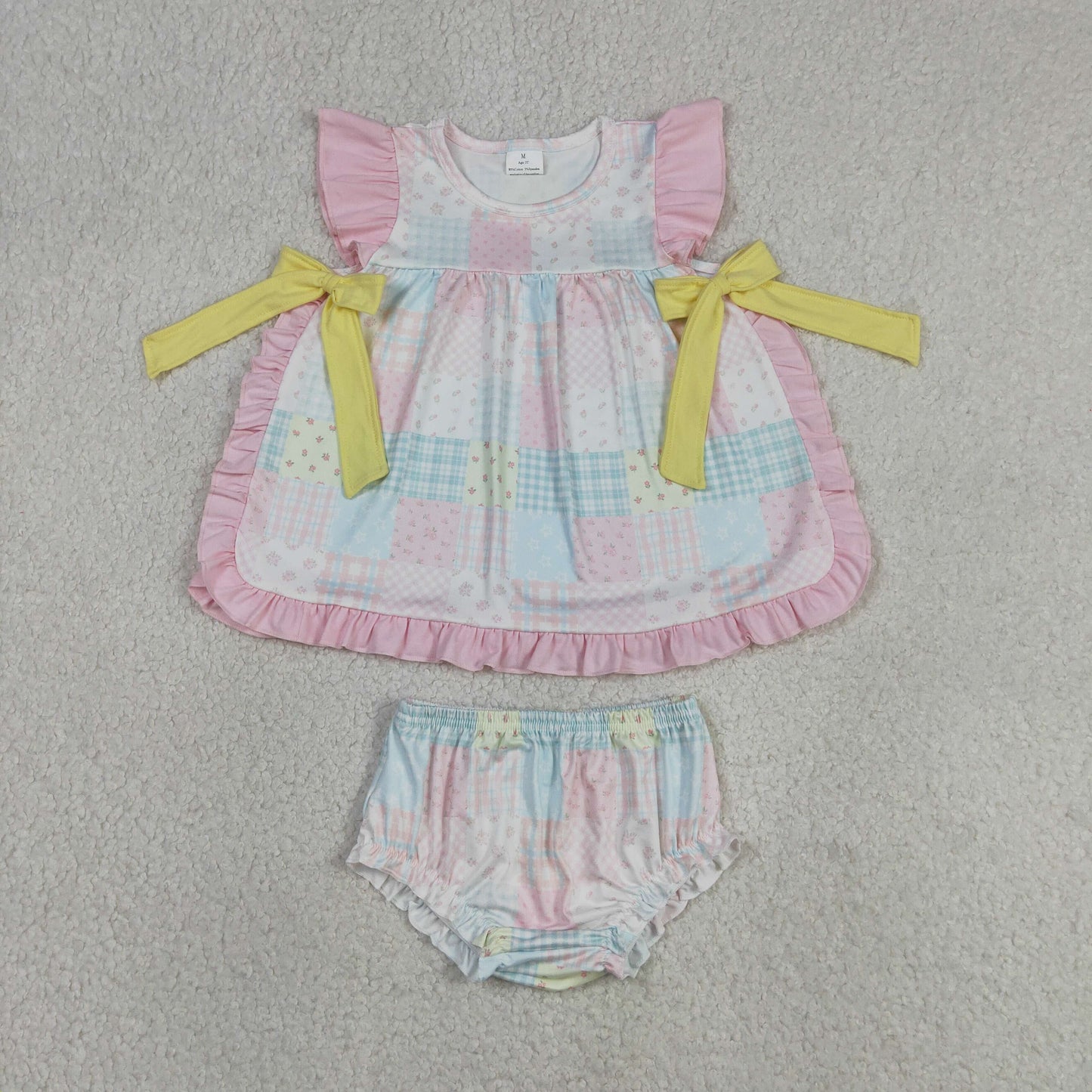 GBO0513 Pink Checkered Flwoers Flutter Sleeve Girls Bummies Set