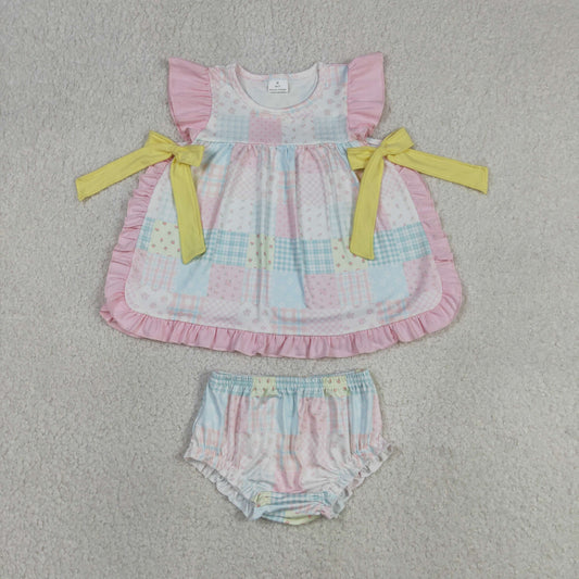GBO0513 Pink Checkered Flwoers Flutter Sleeve Girls Bummies Set