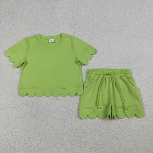 GSSO3179 Scallop Green Short Sleeve Shorts Girls Set