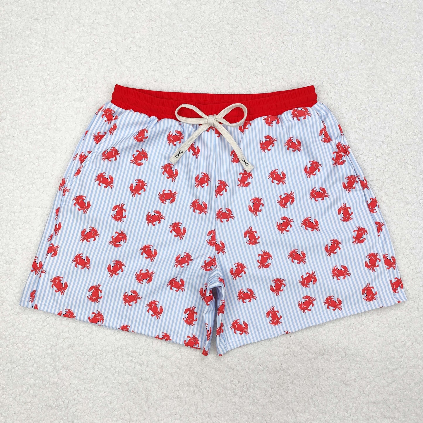 S0464 red crab blue striped adult man swimming trunk