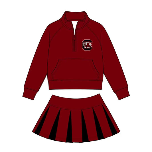 Custom Moq 3 Maroon Zipper Long Sleeve Skorts Girls Set