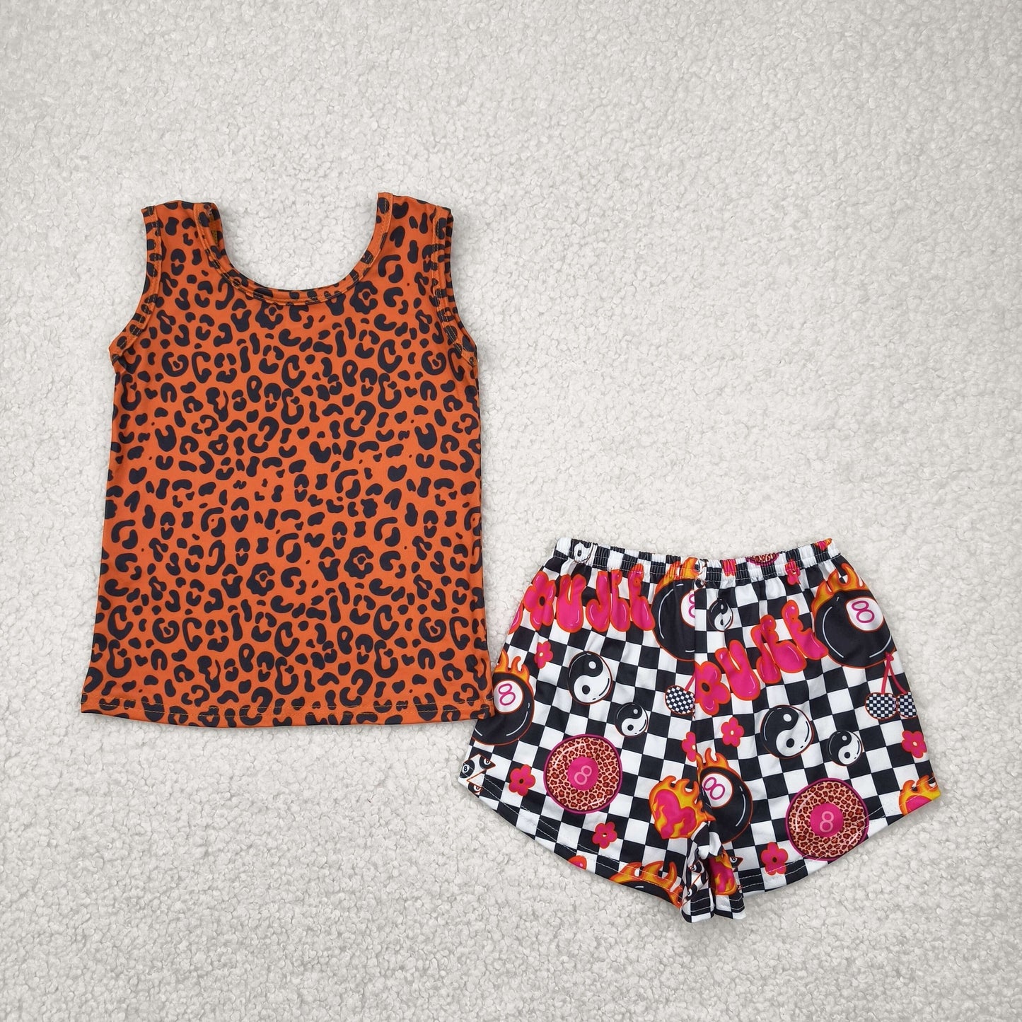 GSSO2391 brown leopard sleeveless checkered shorts girls set