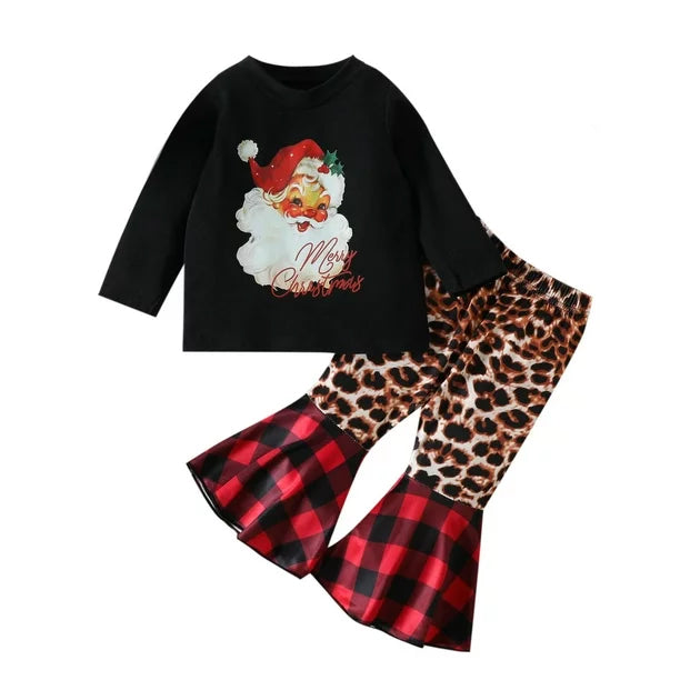 Custom S 10.3 Christmas Santa black long sleeve leopard pants girls set