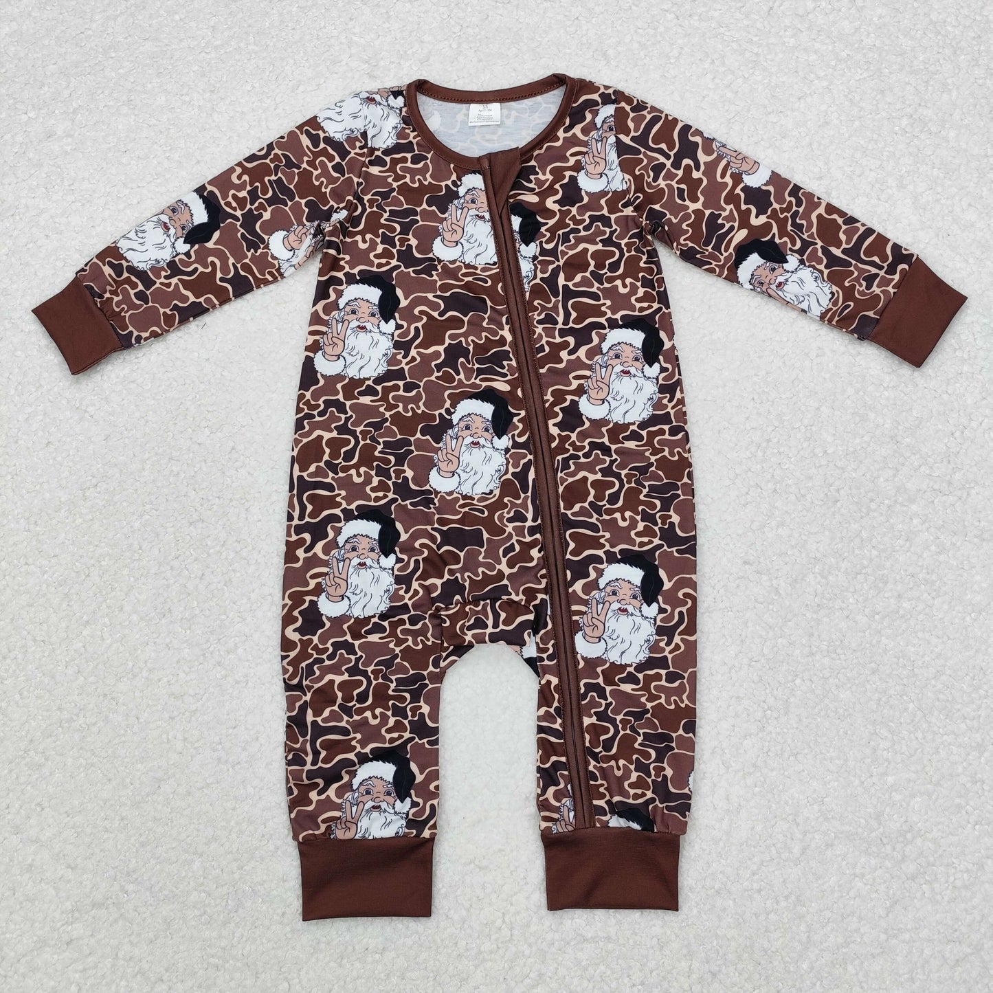 bamboo LR1820 Christmas Santa camo brown long sleeve zipper boys romper