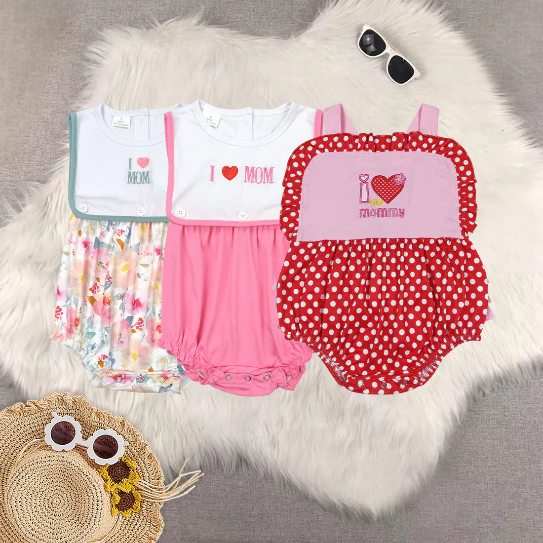 embroidery i love mom girls romper RTS sibling clothes