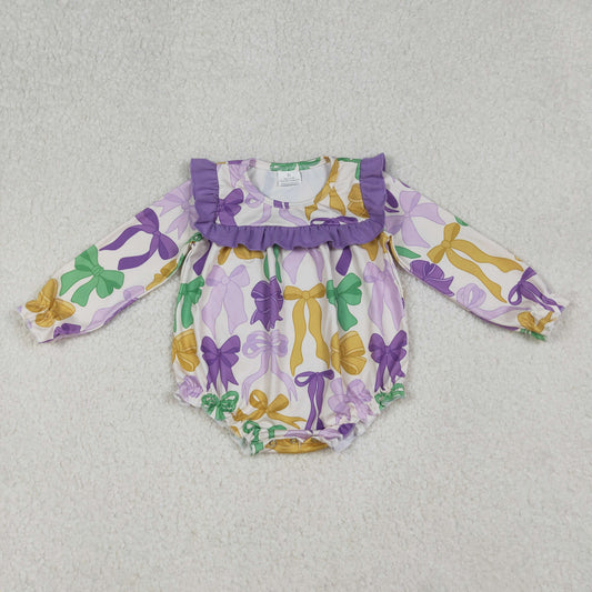 LR2642 Mardi Gras purple/green/yellow bows long sleeve girls romper