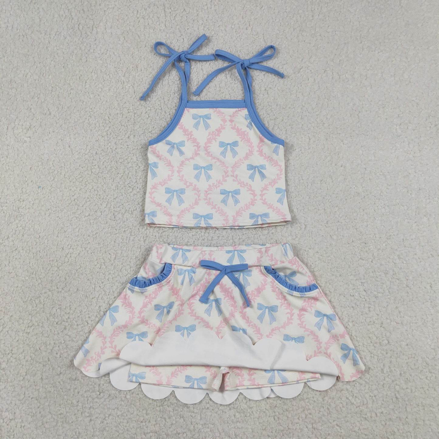 GSD3727 Scallop Yoga Blue Bows Top Skorts Girls Set