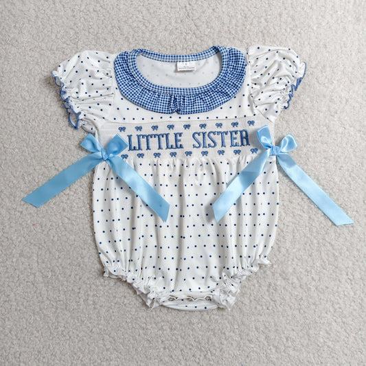 Embroidery Smocked SR3981 Little Sister Blue Dot Short Sleeve Girls Romper