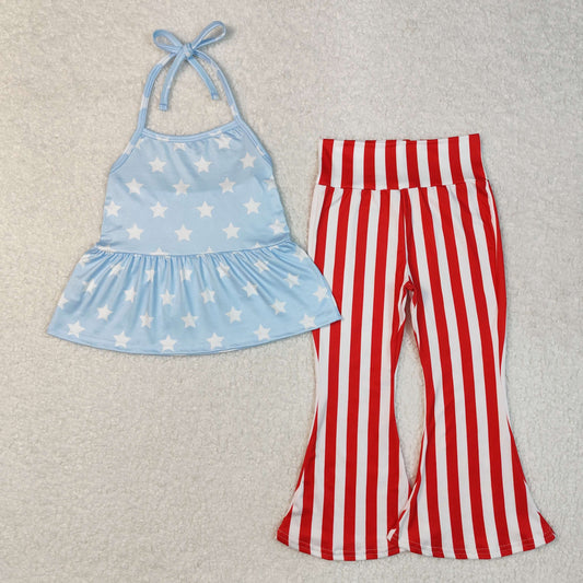 GSPO1974 July 4th Blue Star Straps Red Striped Pants Girls Set