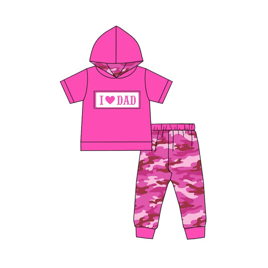 preorder GSPO1193 I Love Dad Hot Pink Short Sleeve Hoodie Hot Pink Camo Pants Girls Set