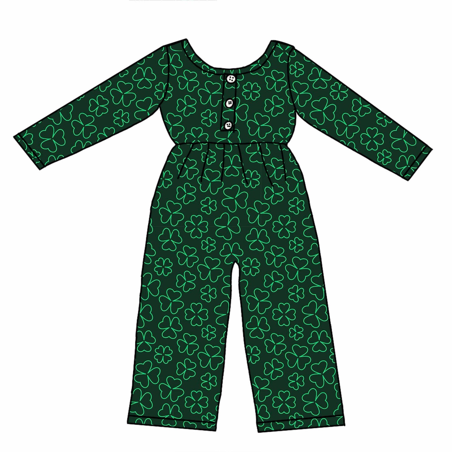 Custom St Patrick Clover Dark Green Long Sleeve Girls Jumpsuits