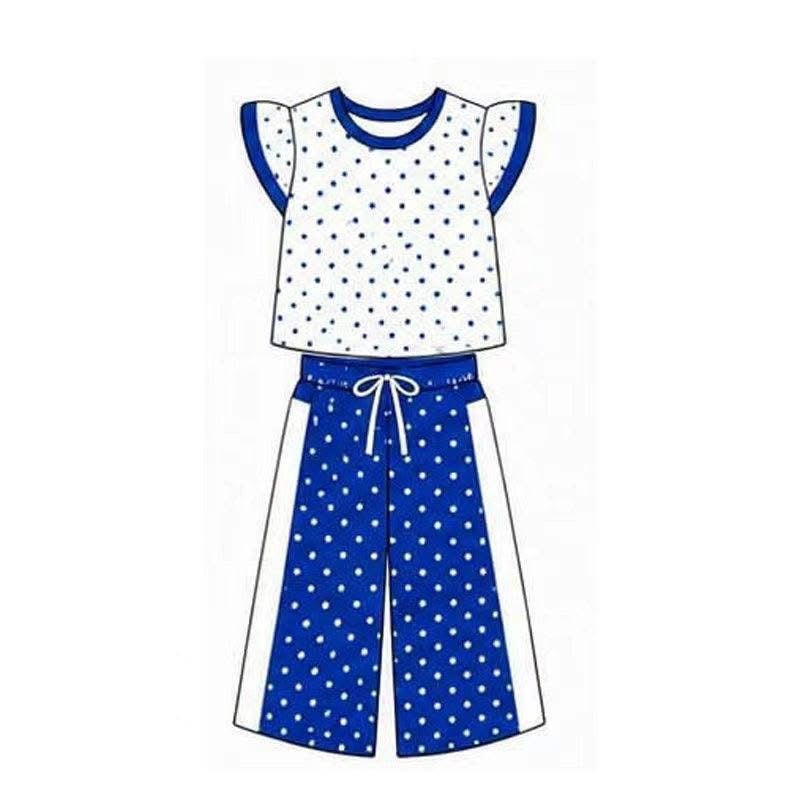 Custom Moq 5 Blue Dot Flutter Sleeve Pants Girls Set
