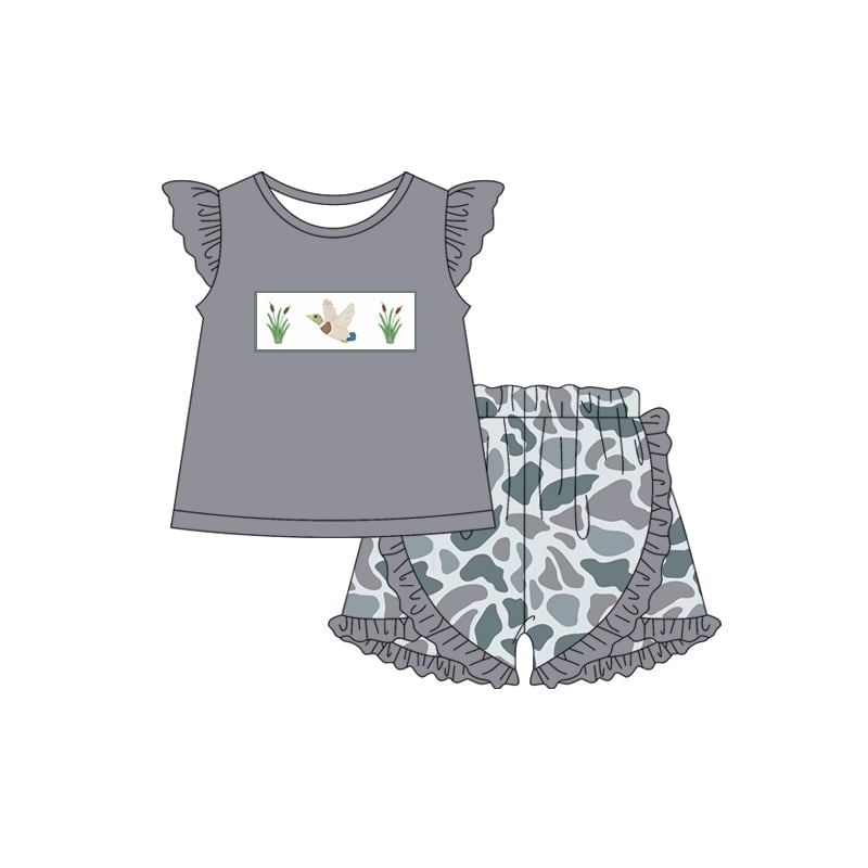 preorder hunting duck mallard grey flutter sleeve camo shorts girls set